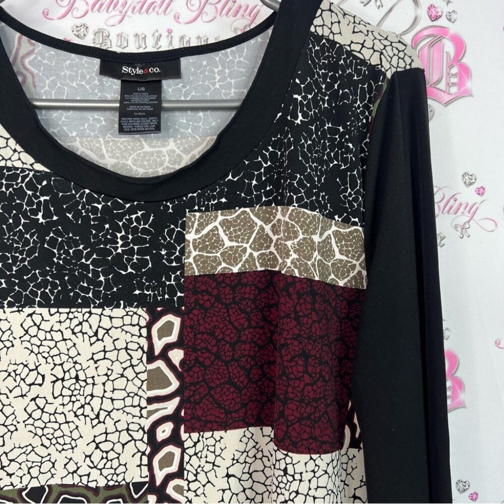 Style & Co. Dress ruffle frilly hem animal print Black and Red Patchwork Tunic - Picture 5 of 7